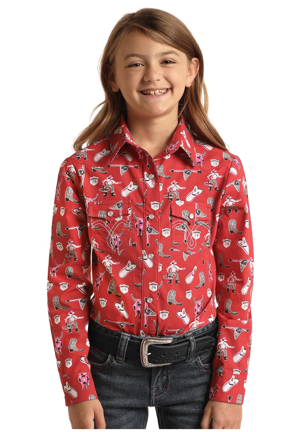 Panhandle Girl's Red Cowboy Design LS Pearl Snap Shirt