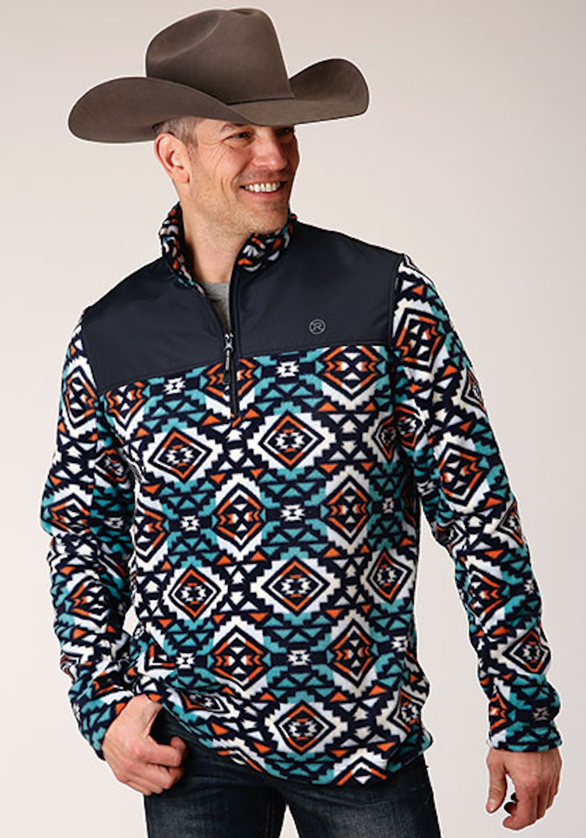 Roper® Men's 1/4 Zip Navy Aztec Printed Fleece Pullover