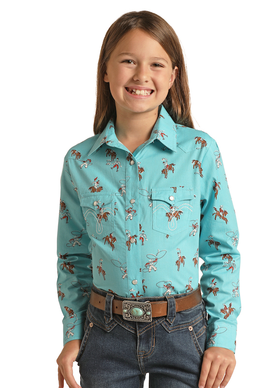 Panhandle® Aquamarine Cowgirl Print LS Girl's Shirt | Dry Creek Western ...