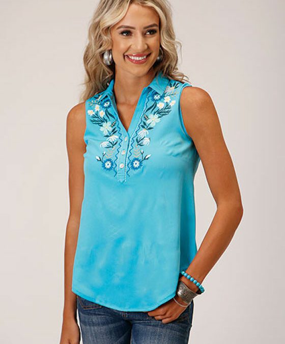 Roper® Turquoise Flower Embroidery Sleeveless Women’s Shirt