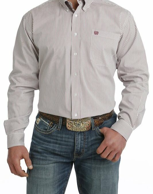 Cinch® White/Burgundy Stripe Button Down Men’s LS Shirt